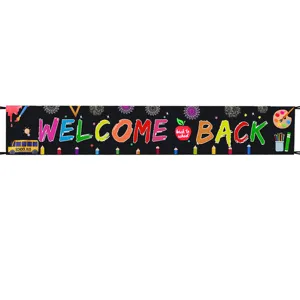 Colorful back to school banner detail view with welcome text and cute school elements.