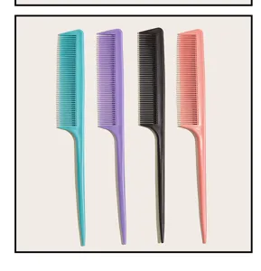 Professional hair styling tail comb detail view showing four vibrant colors for salon use.