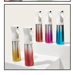 Continuous spray bottle with gradient finish, ideal for hair styling and gardening tasks.