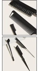 Detailansicht des schwarzen Haarkamm-Sets, Kantenbürste und Stielkamm zum Haare-Stylen.