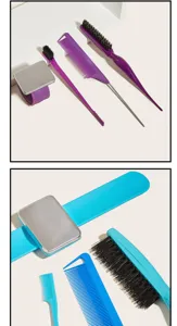 Hair salon styling comb teasing brush and magnetic wristband set for professional hair dressing.