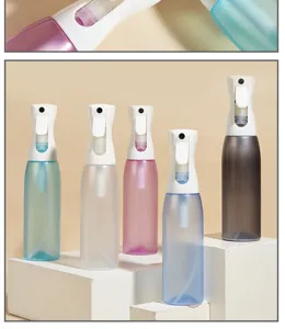 Continuous spray bottle detail view, empty mist sprayer for hair styling, translucent aesthetic design.