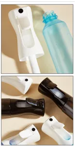 Gedetailleerd overzicht van de fijne sproeikoppen en het ergonomische ontwerp van sprayflacons.