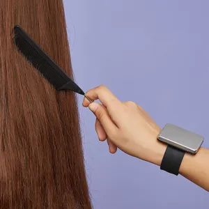 Magnetic hair wristband and styling tail comb set for salon hairdressing and hair styling use.