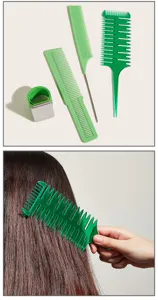 Green hair comb set detail featuring highlighting combs, tail combs, cutting combs, and a styling tool.