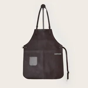 Dark brown leather work apron with adjustable straps, multiple pockets and metal hardware.