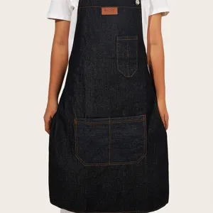 Washed Denim Apron With Pockets Waterproof Work Apron For Kitchen Hair Salon Barber Household Men Women Adjustable Denim Smock
