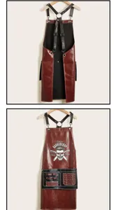 Vintage leather hairdressing apron with adjustable straps and multiple tool pockets for barbers.