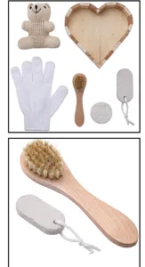 Cartoon bear bath set with wooden tray, exfoliating gloves and pumice stones for home use.