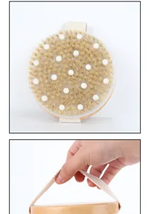 Wooden bath body brush with natural boar bristles and massage nodes for deep exfoliating care.