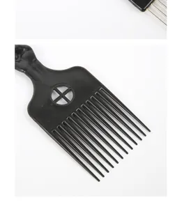 Black plastic hair styling comb detail view, professional barber tool for men hair styling.