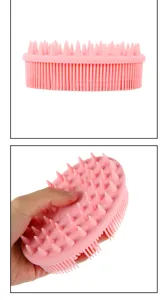 Pink silicone scalp massage brush, soft hair washing comb for wet and dry daily use.