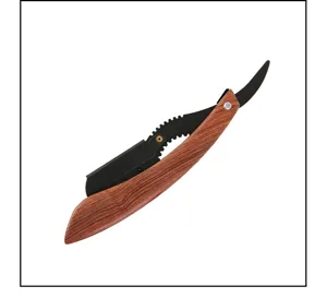 Stainless steel folding razor blade holder detail view, professional hair cutting shavette tool.