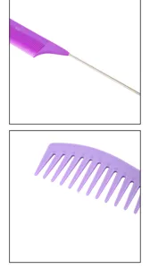 Vista dettagliata del set di pettini per capelli in plastica viola con pettine a coda e salone.
