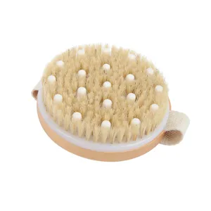 Wooden body bath brush with natural bristles and massage nodes for deep exfoliating shower clean.