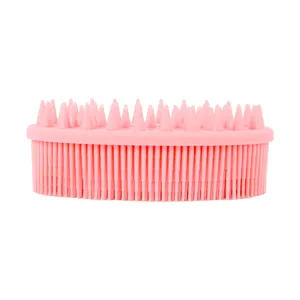 Pink silicone scalp massage brush for daily hair washing, soft bristles for dry and wet use.