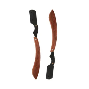 Professional stainless steel folding straight razor with wooden texture handle for hair shaving.