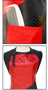 Close-up detail of the barber apron pocket holding styling combs and full mannequin view.