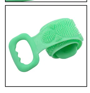 Spazzola per doccia in silicone verde con manico per la pulizia quotidiana della schiena.
