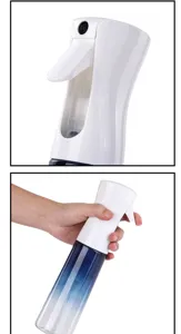 Gekleurde sprayflacon met verloop voor haarstyling, plantenwater en cosmetische hydratatie.