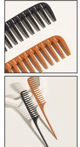 Close-up details of professional hair styling tail combs in black and amber colors.
