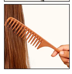 Brown wide tooth hair comb detail shot for salon styling, detangling and teasing hair.