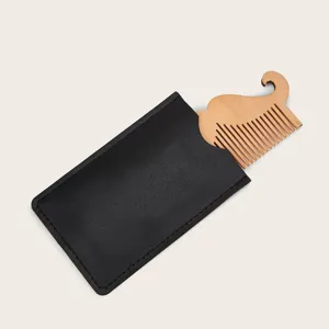 Houten baardkam met zwart lederen etui haarstyling gereedschap voor dagelijkse verzorging