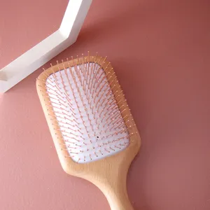 Peigne de Massage du Cuir Chevelu en Bois de Hêtre Brosse à Cheveux à Coussin d'Air avec Dents en Acier Couleur Naturelle