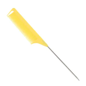 Professional metal rat tail hair comb in bright yellow color for hair styling and sectioning.