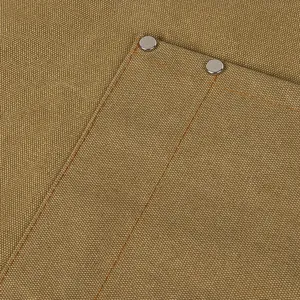 Close-up detail of canvas work apron pocket with durable stitching and metal rivets.