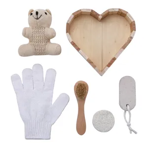Cartoon bear bath set with wooden tray, exfoliating glove, mini brush and pumice stone.