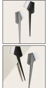 Vue détaillée d'un ensemble brosse et peigne de coloration capillaire noir et argenté.