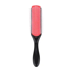 Spazzola per capelli professionale a 9 file con manico nero e cuscinetto rosa per styling.