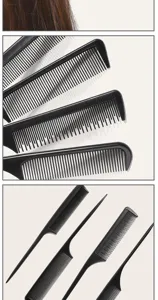 Professional black hair styling combs set, precision tail and cutting combs for salon use.
