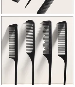 Professional black tail hair comb set, durable carbon fiber styling tool for parting and hairdressing.