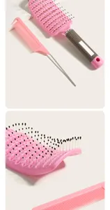 Pink curved hair vent brush and pin tail comb set for daily hair styling and scalp massage detail view.