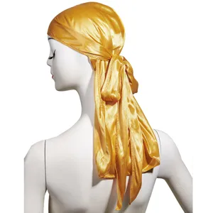 Gold satin du rag head wrap for men and women, breathable sporty tie-back cap for hip hop style.