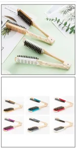 V-shape hair straightening brush with boar bristles and wood grain handle for styling hair.