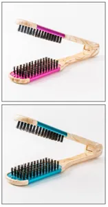 V-shaped hair straightening brush with wooden handle and boar bristle for easy hair styling.