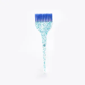 Professional hair dye brush with glitter transparent handle and blue bristles for salon use.