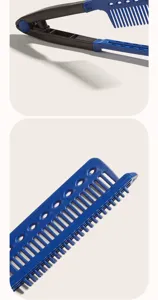 V-shaped hair straightening comb detail view showing practical styling tool design and features.