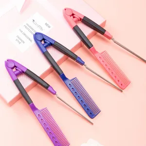 Professional V-Shaped Straightening Hair Comb Carbon Fiber Stainless Steel Hollow Clamping Comb Hair Styling Brush Salon Daily Tool