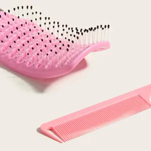 Pink curved hair brush and tail comb set for styling, detangling, and professional scalp massage.