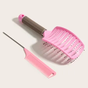 Pink curved hair brush and metal pin tail comb set, professional detangling styling tool for salon.