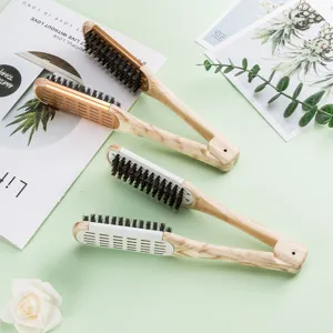 V-shaped hair straightening brush with wooden handle and natural bristle for smooth styling.