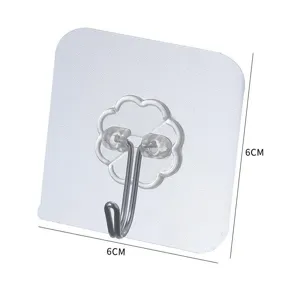 Transparent adhesive wall hook, flower shaped sticky hanger, heavy duty 6x6cm mount.