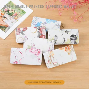 Women long floral printed zipper wallet fashionable minimalist pastoral style card holder handbag