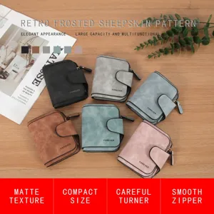 Retro frosted PU leather women's short wallet with multiple card slots and snap closure.