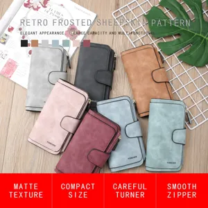 Detail view of large capacity long women frosted PU leather wallet and card holder.