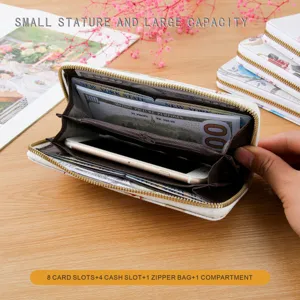 Detailed view of women long floral zipper wallet interior structure with multiple card slots.